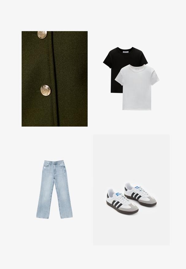 Dark green fabric with a smooth texture featuring a prominent silver button with an embossed design at the center.; Two crew-neck t-shirts in black and white, made of cotton. They feature short sleeves and a solid color design with no patterns or accents.; Light blue denim jeans with a wide-leg cut, distressed detailing, five-pocket design, and a zip-fly closure.; Sport shoes with a white leather upper, gray suede toe, and three black stripes. Features a blue logo on the tongue and a textured rubber sole.