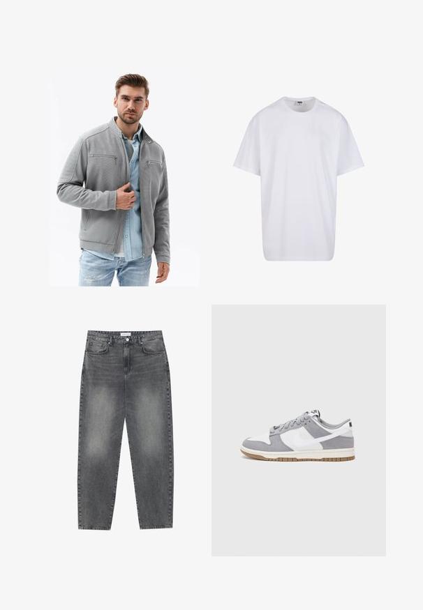 Ombre Let jakke / Sommerjakker - grey; Hvid bomulds t-shirt med korte ærmer, rund halsudskæring, afslappet pasform, og ingen synlige logoer eller mønstre. Glat tekstur og minimalistisk design.; Høj talje, løstsiddende jeans i falmet sort denim. Har fem lommer, bæltestropper og et rent, lige ben design.; Grå og hvid sneaker med en overdel i ruskind og læder, rund tå, flade snørebånd og en gummisål med en gummifarvet detalje.