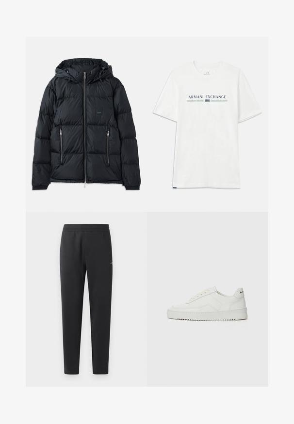 Mustat puhvijakku, jossa on vetoketjukfrontti, säädettävä huppu, kaksi vetoketjullista sivutaskua ja teksturoitu, tikattu malli. Sisältää logopatchin.; Valkoinen puuvillapaita lyhyillä hihoilla, jossa on sininen ja vihreä "ARMANI EXCHANGE" -logo ja "1991" keskellä alla.; Mustat verkkarit, jotka on valmistettu pehmeästä kankaasta. Niissä on joustava vyötärö, suorat lahkeet ja pieni logo-yksityiskohta sivulla.; Valkoinen nahkakenkä, jossa on sileä pinta, pyöreä kärki, tasaiset nauhat ja teksturoitu pohja. Sisältää huomaamattoman logon kantapäässä.