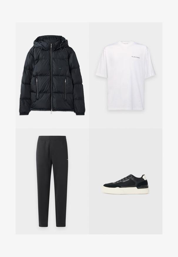 Black puffer jacket with a zip front, adjustable hood, two zippered side pockets, and a textured, quilted design. Features logo patch.; White short-sleeve t-shirt in cotton with a v-neck, featuring a black "FILLING PIECES" logo printed on the left side.; Black jogger pants made of soft fabric, featuring an elastic waistband, straight legs, and a single small logo detail on the side.; Black sneaker made of mesh and leather, featuring a thick white sole and contrasting accents. Laces and logo detail on the side.