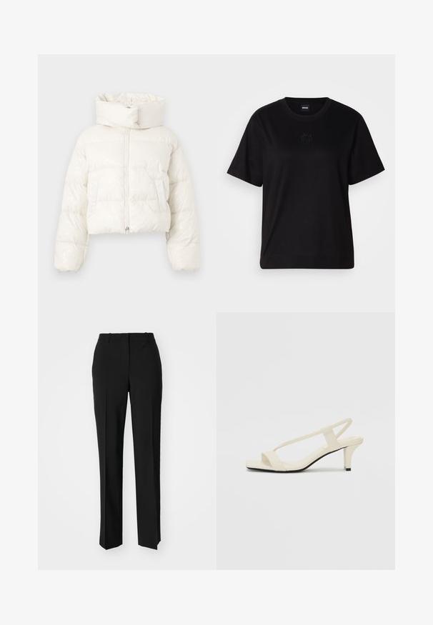 Zkrácená péřová bunda v lesklém bílém materiálu, s vysokým límcem, zipem vpředu a horizontálním prošíváním, se dvěma bočními kapsami.; Černé bavlněné tričko s kulatým výstřihem, krátkými rukávy a vyšitým logem na hrudi. Jednoduchý, volný střih bez vzorů.; Černé kalhoty na míru se střihem do rovna, které mají hladkou texturu a ostré sklady na přední straně. Bez viditelného kování.; Krémové sandály na bloku s tenkými popruhy a čtveratou špičkou. Hladký materiál s minimálními detaily, navržené pro snadné nošení.