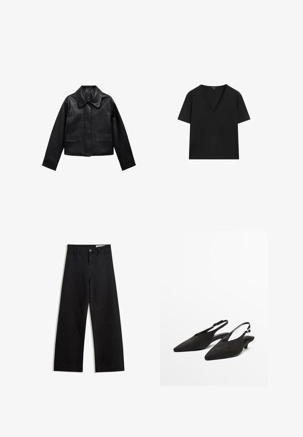 Giubbotto in pelle nera corto con colletto, chiusura frontale con bottoni e due grandi tasche a patta. Texture liscia e forma strutturata.; Maglietta nera a maniche corte con scollo a V, dal design semplice e aderente, su sfondo bianco.; Pantaloni in denim neri a gamba larga con vita alta, dotati di tasche anteriori e posteriori, cuciture a punto, e chiusura con bottone. Texture liscia.; Tacchi slingback in suede nero con punta affilata, tacco basso a blocco e cinturino regolabile. Texture liscia, design minimal e senza hardware visibile.