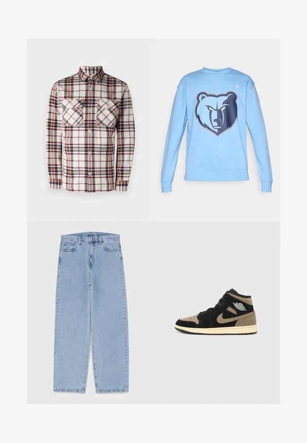 Langærmet ternet skjorte i creme, marineblå og rustfarvede toner. Har to brystlommer og knap-ned krave. Fremstillet af et tekstureret stof.; Lyseblå sweatshirt med et bjørneprint på forsiden. Lavet af blødt stof, med ribbet manchetter og rund halsudskæring.; Lyseblå denimjeans med straight leg-design, der har en mid-rise talje, fem lommer og en lukning med knap og lynlås.; Høje sneakers med sort og tan ruskind, perforeret tå, beige mellemsål, sorte snørebånd og en sølvlogo på siden.