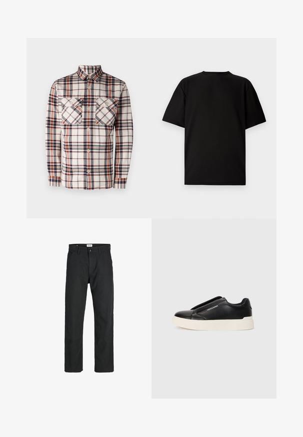 Hosszúujjú, kockás ing krém, tengerészkék és rozsdabarna árnyalatokban. Két mellzsebbel és gombos gallérral rendelkezik. Texturált anyagból készült.; Fekete, rövid ujjú póló bordázott anyagból. Kerek nyakú, laza szabású, sima tapintású. Csak hátulról látható.; Fekete nadrág tartós anyagból, egyenes szárú kialakítással, varrott díszítésekkel és két elülső zsebbel a funkciók érdekében.; Fekete slip-on sneaker, textúrált bőrfelsővel, fehér gumitalppal és láthatatlan fűzőkkel. Az oldalon a márka logója található.