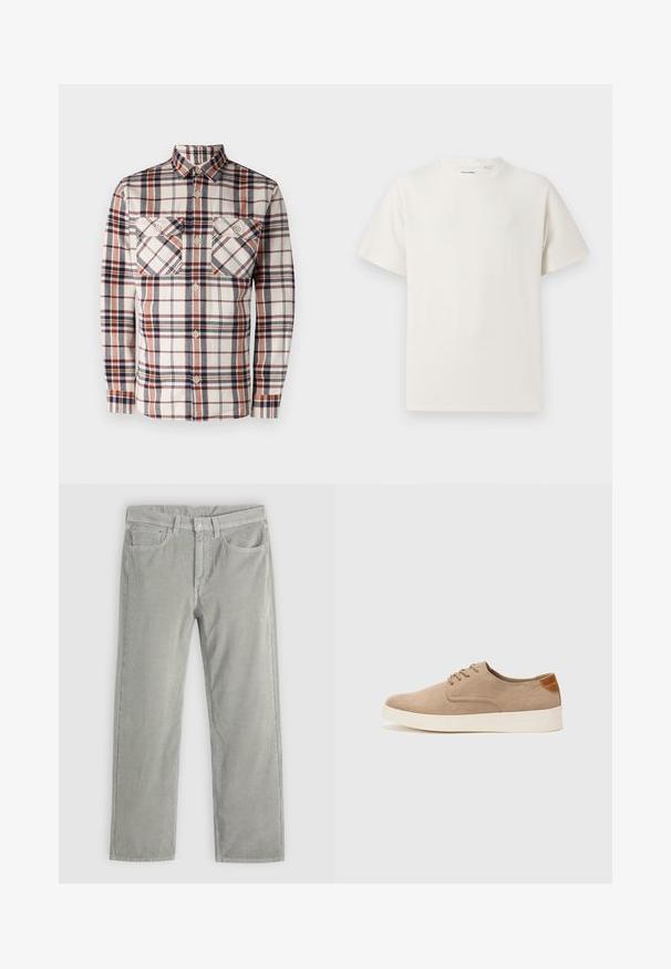 Chemise à manches longues à motifs carreaux dans des tons crème, marine et rouille. Elle est dotée de deux poches poitrine et d'un col retour. Fabriquée en tissu texturé.; T-shirt blanc à manches courtes en texture côtelée. Encolure ronde, coupe décontractée, sans motifs ni accents visibles. Design simple et polyvalent.; Pantalons en corduroy gris clair ajustés avec bouton avant, fermeture éclair, passants de ceinture et design à cinq poches sur un fond uni.; Baskets en daim beige avec un embout arrondi, un laçage sur le devant et un accent texturé à l'arrière. La semelle en caoutchouc blanche offre un contraste. Design simple et moderne.