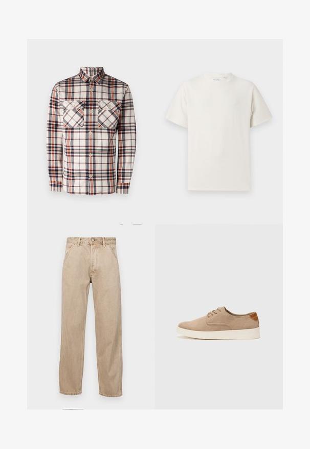 Pitkähihaisessa ruudullisessa paidassa on vaniljan, laivaston ja ruosteen sävyjä. Paidassa on kaksi rintataskua ja nappikaulus. Se on valmistettu teksturoidusta kankaasta.; Valkoinen lyhythihainen T-paita ribbikuviossa. Pyöreä kaula-aukko, rento istuvuus, ei näkyviä kuvioita tai yksityiskohtia. Yksinkertainen ja monikäyttöinen muotoilu.; Beige farkkuhousut suoranlahkeisella muotoilulla, joissa on etutaskut, metallinen nappisulku ja hillitty rakenne.; Beige nubuck-lenkkarit, joissa on pyöreä kärki, nauhakiinnitys ja teksturoitu takaosa. Valkoinen kumipohja tuo kontrastia. Yksinkertainen ja moderni muotoilu.