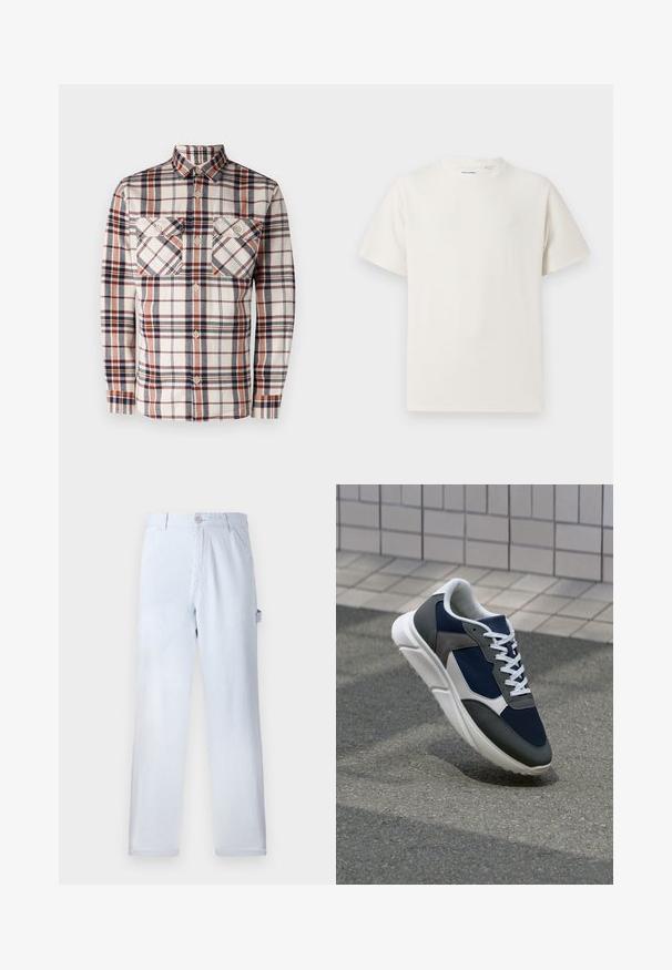 Long-sleeve plaid shirt in cream, navy, and rust tones. Features two chest pockets and button-down collar. Made from a textured fabric.; White short-sleeve T-shirt in a ribbed texture. Round neckline, relaxed fit, no visible patterns or accents. Simple and versatile design.; Light blue striped trousers made of cotton. Straight-leg design, featuring a front button closure and side pockets. Soft texture.; Sneaker featuring a navy blue mesh upper, gray suede accents, white rubber sole, and flat white laces, designed for comfort and breathability.