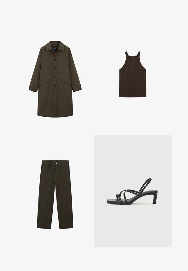 Olijfgroene lange jas met een getailleerde kraag, knoopsluiting en twee voorzakken. Heeft brede mouwen en een soepele textuur.; Massimo Dutti HALTER NECK - Top - dark brown; Donkergroene wijde jeans van een katoenmix, met een sluiting met een voorste knop, vijf zakken en klassieke denimstiksels.; Zwarte sandaal met bandjes, vierkante teen en een lage blokhak. Voorzien van meerdere dunne bandjes en een verstelbare enkelband. Gemaakt van zacht leer.