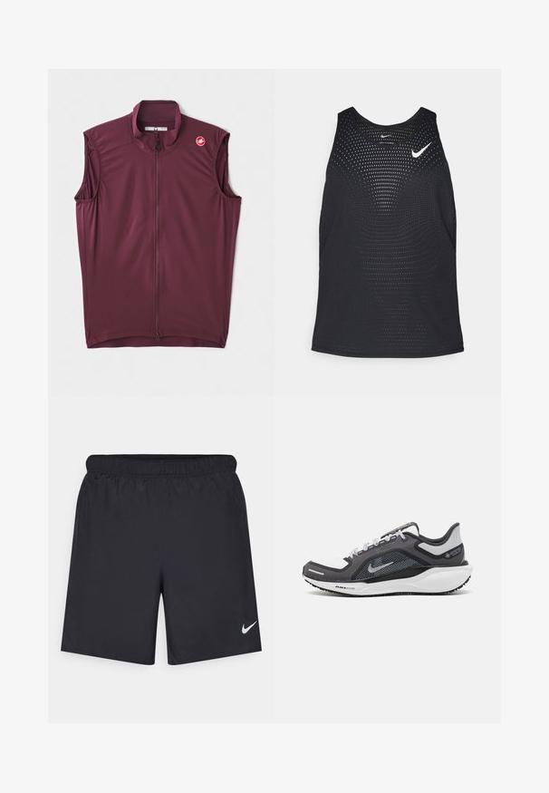 Burgundská cyklistická vesta bez rukávov s vysokým golierom, so zipsovým uzáverom a logom Castelli na pleci. Vyrobená z ľahkého, elastického materiálu.; Čierny športový tielko s perforovanou textúrou a zaobleným výstrihom. Na hrudi je biele logo Nike.; Čierne atletické šortky z ľahkého materiálu s elastickým pásom. Na dolnej ľavej strane majú malé biele logo Nike.; Čierna a sivá športová obuv s vrchnou časťou z priedušného materiálu, reflexné akcenty a biely medzipodrážka. Obsahuje štruktúrovanú gumovú podrážku a šnúrky.