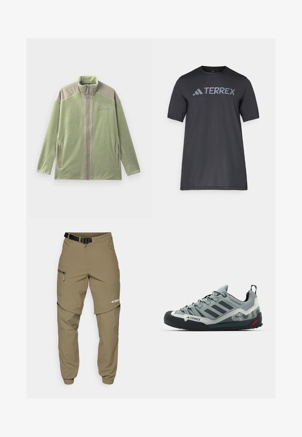 Light green full-zip fleece jacket with beige shoulder panels, zippered front pockets, and "TERREX" logo on the chest.; Black short-sleeve t-shirt made of lightweight fabric, featuring a light gray “TERREX” logo across the chest and a crew neckline.; Khaki outdoor pants with a adjustable black belt, zippered pockets, tapered cuffs, and detachable lower legs for versatile styling.; Gray climbing shoes featuring a textured upper, black rubber toe cap, three dark stripes, and a small red accent on the sole.