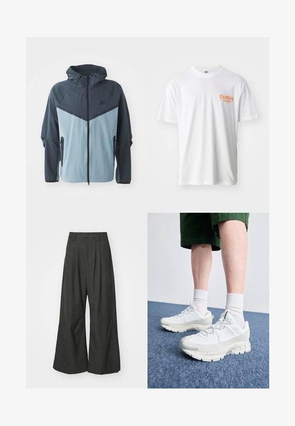 Vėjara su gobtuvu, priekiniais užtrauktukais, tamsiai mėlyna ir šviesiai mėlyna spalvų blokų dizainu bei šoninėmis užtrauktukinėmis kišenėmis.; Balta medvilnė marškinėliai su oranžiniu siuvinėtu logotipu kairėje krūtinės pusėje, trumpomis rankovėmis ir klasikiniu apvaliu iškirpimu. Minkšta tekstūra.; Jaded London GOLIATH TROUSER UNISEX - Kelnės - grey; Baltos sportinės bateliai su tekstūruotais uždengimais, masyviu padu ir pilkais akcentais. Dėvimi su baltais trumpais kojiniais ir žaliais šortais mėlyname paviršiuje.