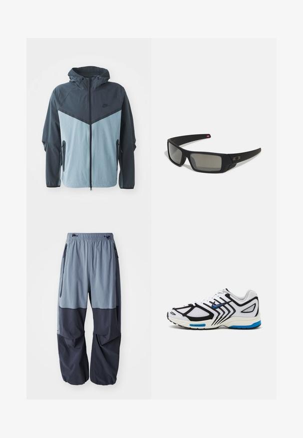 Giacca a vento con cappuccio, zip frontale, design a blocchi di colore blu scuro e blu chiaro, e tasche laterali con zip.; Maglia sportiva nera a maniche corte con accenti gialli e logo circolare "90". Presenta un colletto verde e un tessuto texture.; Pantaloni outdoor larghi bicolore con una parte superiore azzurro chiaro e una parte inferiore blu navy, dotati di vita con coulisse e tasche laterali.; Scarpa sportiva bianca con accenti neri, pannelli in rete e dettagli blu. Presenta una suola testurizzata e linee di design eleganti.; Occhiali da sole neri con finitura opaca, lenti rettangolari, leggero curvatura sulle tempie, dettaglio logo discreto e lenti color fumo.