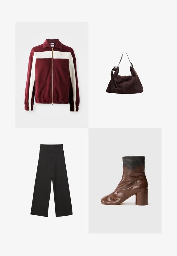 Giacca zip-up borgogna con strisce bianche sulle maniche, zip dorata e logo sul petto. Polsini e vita a coste con tessuto testurizzato.; T-shirt bianco oversize realizzata in morbido cotone. Caratterizzata da maniche corte, un colletto tondo e una vestibilità rilassata senza modelli o dettagli visibili.; Pantaloni neri a gamba larga con vita elastica alta, in tessuto morbido e vestibilità ampia, adatti per l'abbigliamento casual o ambienti rilassati.; Stivaletto in pelle marrone con punta tonda, dotato di una finitura testurizzata, una parte superiore nera e un tacco spesso. Chiusura con zip sul retro.; Borsa a spalla hobo in suede marrone scuro con ampia tracolla in pelle regolabile e corpo morbido e sformato su sfondo bianco.