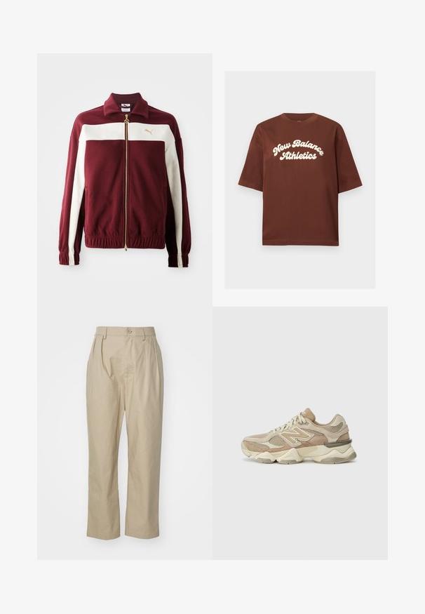 Burgundi színű, zipzáras dzseki fehér csíkokkal az ujjakon, arany cipzárral és logóval a mellrészen. Bordázott mandzsetták és derékpánt, texturált anyaggal.; Barna pamut póló légi fit-tel, amelyen fehér szöveg olvasható: "New Balance Athletics" ívelt, vastag betűtípussal.; Vékony bézs vászon nadrág, laza szabással, elülső redőkkel, egy gombos záródással és egyenes lábakkal, varrt szegésekkel.; Beige sportcipők hálós és nubuk anyagból, lekerekített orral, vastag talppal és figyelemre méltó fényvisszaverő részletekkel az oldalon.