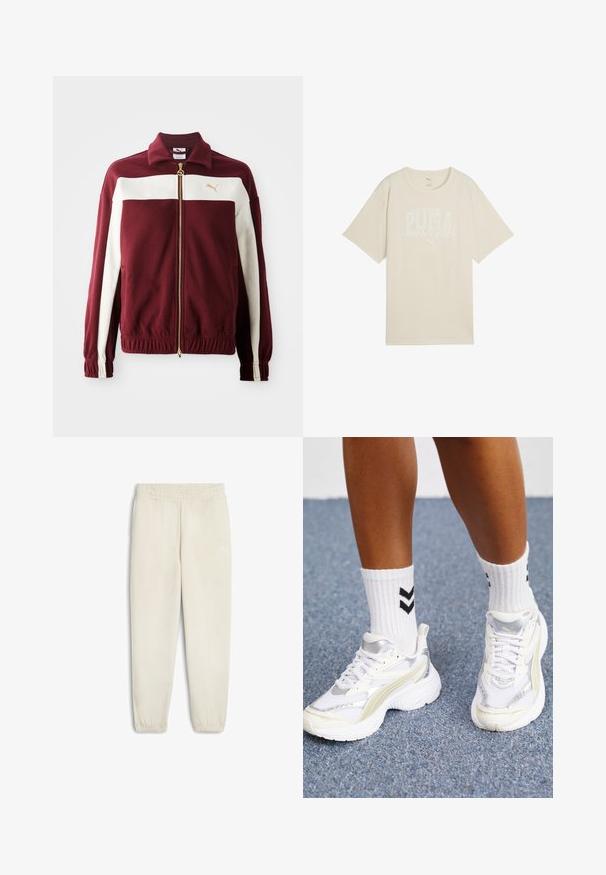 Bordowa kurtka zapinana na zamek z białymi paskami na rękawach, złotym suwakiem i logo na klatce piersiowej. Żebrowane mankiety i pas oraz fakturowany materiał.; Beżowa bawełniana koszulka o luźnym kroju, z białym nadrukiem, na którym widnieje napis "PUMA sports club" oraz małe logo powyżej.; Jasnobeżowe dresy wykonane z miękkiego materiału, z elastyczną talią, zwężanymi dołem nogawkami i małym białym logo z boku.; Białe sneakersy z srebrnymi akcentami, wykonane z siateczkowego materiału, o masywnej konstrukcji. Połączone z białymi skarpetkami z czarnym wzorem w zygzaki.