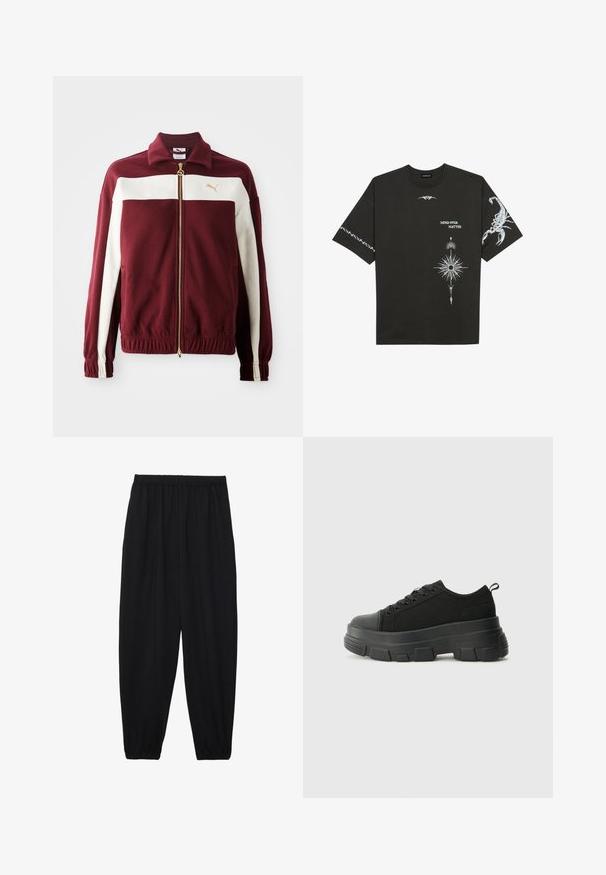 Burgunderfarbene Zip-Jacke mit weißen Streifen an den Ärmeln, goldenem Reißverschluss und Logo auf der Brust. Gerippte Bündchen und Saum mit strukturiertem Stoff.; Schwarzes Baumwoll-T-Shirt mit weißen grafischen Drucken, darunter ein Skorpion und abstrakte Designs. Kurze Ärmel; runder Ausschnitt.; Schwarze, leichte Hosen mit einem elastischen Bund und gerafften Knöcheln. Der Stoff ist glatt und hat ein entspanntes, schmal zulaufendes Design.; Schwarze Sneakers mit einer dicken Gummisohle, strukturiertem Obermaterial, runder Zehenpartie und Schnürdesign. Verfügt über verstärkte Ösen und eine Schlaufe an der Rückseite.