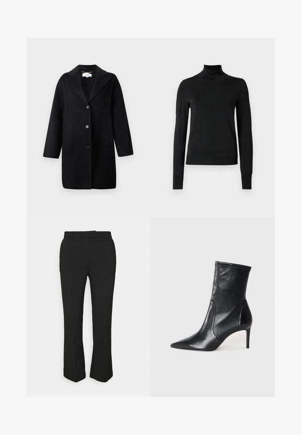 Fekete gyapjúkabát mély bemetszésű gallérral, egysoros, három gombbal és oldalzsebekkel. Simább textúra, középhosszú ujjú.; Fekete, hosszú ujjú garbós pulóver bordás mandzsettákkal és aljjal, sima fehér háttér előtt bemutatva.; Fekete, szabott nadrág egyenes szárú kialakítással, övhurkokkal és oldalsó zsebekkel. Simább anyagból készült, tiszta kivitelben.; Fekete bokacsizmák sima bőrből, hegyes orral, illeszkedő sínnel és karcsú, magas sarokkal. Minimalista dizájn, amelyen nincs látható fém munka.