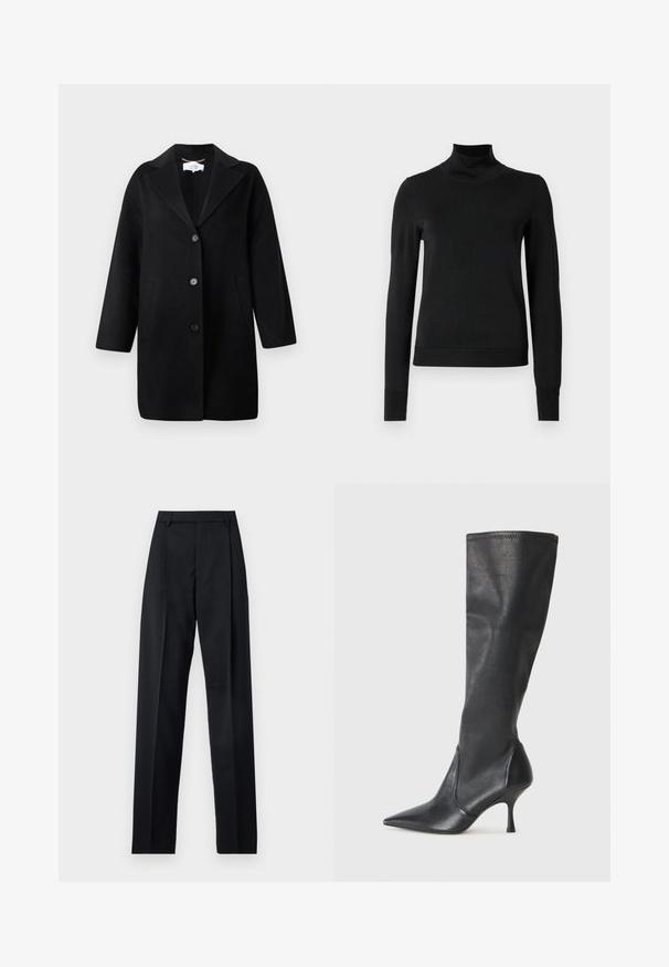 Cappotto nero in lana con rever a lancia, design monopetto, tre bottoni e tasche laterali. Tessuto liscio, maniche a lunghezza media.; Pullover nero a maniche lunghe con collo alto, rifinito con polsini e orlo a coste, mostrato su uno sfondo bianco semplice.; Pantaloni neri realizzati in tessuto morbido, caratterizzati da vita alta, gambe larghe, pince frontali e classiche passanti per cintura. Non ci sono tasche laterali visibili.; Stivali neri in pelle al ginocchio con punta affusolata e tacco a stiletto sottile. Texture liscia con design aderente e cuciture lungo il bordo superiore.