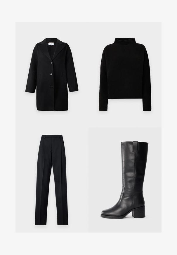 Černý vlněný kabát s klopovým límcem s výkrojem, jednorušný střih, tři knoflíky a boční kapsy. Hladká textura, rukávy střední délky.; Černý rolák vyrobený z jemné tkaniny, s dlouhými rukávy a uvolněným střihem, s minimem švů a bez viditelných ozdob.; Černé kalhoty vyrobené z hladké tkaniny, vybavené vysokým pasem, širokými nohavicemi, předními záhyby a klasickými poutky na opasek. Nejsou viditelné boční kapsy.; Černé kožené kozačky až ke kolenům s hladkým povrchem, čtveratou špičkou, širokým podpatkem a bočním poutkem, se minimalizovanými švy.