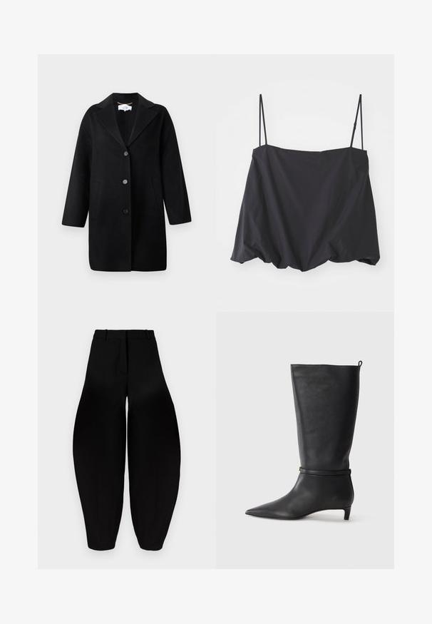 Čierny vlnený kabát s výstrihom s rozparkami, jednoriadkové zapínanie na tri gombíky a bočné vrecká. Hladká textúra, rukávy dĺžky po stred predlaktia.; Čierny bezrukávový top s tenkými ramienkami, voľný strih a nariasený lem. Vyrobený z ľahkého materiálu s hladkou textúrou.; Čierne široké nohavice s vysokým pásom, skladaným predným dielom a užšími členkami. Vyrobené z hladkej látky s matným povrchom.; Čierne kožené vysoké čižmy po kolená s špicatou špičkou, s okrúhlym remienkom okolo členku a nízkym, zúženým podpätkom. Hladký povrch.