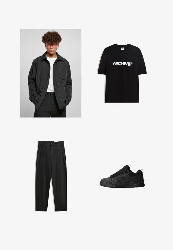 Black button-up jacket made from lightweight fabric, featuring a chest pocket, pointed collar, and a relaxed fit. Worn over a white t-shirt.; Black cotton T-shirt featuring a white "ARCHIVE inc." logo across the chest, short sleeves, and a crew neckline.; Black cotton trousers with a relaxed fit, featuring a classic waistband, front pleats, and side pockets. Smooth texture without patterns.; Black sneakers with a textured upper, featuring laces, mesh accents for breathability, padded collar, and a sturdy outsole.