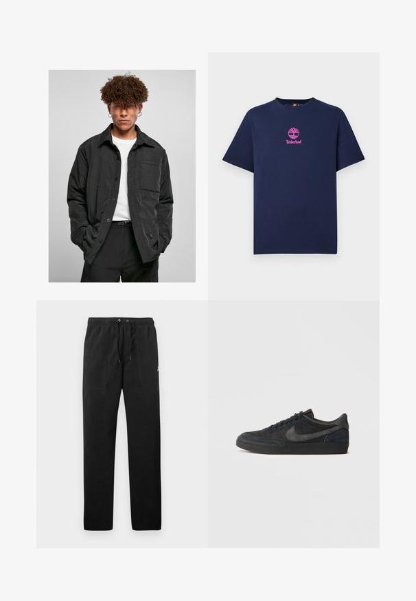 Melnā pogu žakete, izgatavota no viegla auduma, ar krūšu kabatu, norādītu apkakli un brīvu piegriezumu. Valkāta virs baltas T-kreklos.; Jūras zila kokvilnas T-krekls ar apaļu kaklu un īsām piedurknēm. Uz krūtīm ir rozā Timberland logo ar koka dizainu.; Melnas sporta bikses, izgatavotas no flīsa, ar elastīgu jostasviedi un auklām, diviem priekšējiem kabatām un nelielu logo uz augšstilba.; Melnas zamša sporta kurpes ar zemu profilu, gumijas zoli, teksturētām sānu paneļiem un toņos saderīgu Nike swoosh logo. Ar auklēm, ar mīkstu apkakli.