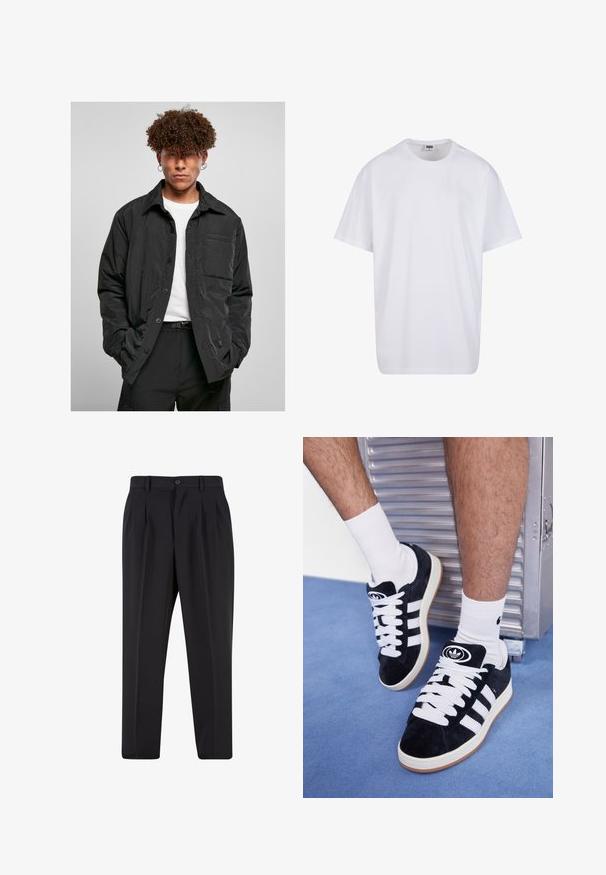 Sort button-up jakke lavet af letvægtsstof, med en brystlomme, spids krave og en afslappet pasform. Båret over en hvid t-shirt.; Hvid bomulds t-shirt med korte ærmer, rund halsudskæring, afslappet pasform, og ingen synlige logoer eller mønstre. Glat tekstur og minimalistisk design.; Sorte bukser med plisseret frontdesign, lavet af glat stof. Har knaplukning og bæltestropper; lige pasform.; Sorte ruskinds sneakers med hvide snørebånd og tre hvide striber. Har et rundt sort logo på tungen og en gummigummisål.