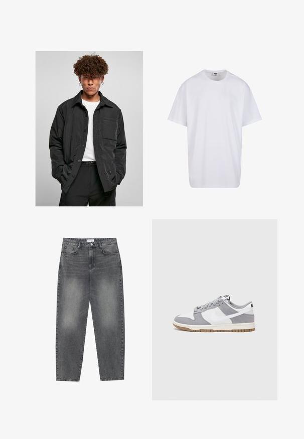 Schwarze Knopfjacke aus leichtem Stoff, mit einer Brusttasche, spitzem Kragen und einem lockeren Schnitt. Getragen über einem weißen T-Shirt.; Weiße Baumwoll-T-Shirt mit kurzen Ärmeln, rundem Ausschnitt, lockerer Passform und ohne sichtbare Logos oder Muster. Glatte Textur und minimalistisches Design.; Hoch taillierte, locker sitzende Jeans aus verwaschenem schwarzem Denim. Verfügt über fünf Taschen, Gürtelschlaufen und ein sauberes, gerades Bein-Design.; Nike-Sneaker verfügen über ein graues Wildleder- und weißes Lederoberteil mit Perforationen, runden Schnürsenkeln und einer Gummisohle für besseren Halt.