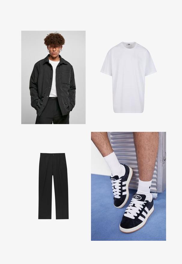 Fekete, gombos dzseki, könnyű anyagból készült, mellzsebbel, hegyes gallérral és laza szabással. Fehér póló fölött viselve.; Fehér pamut póló rövid ujjal, kerek nyakú, laza szabású, és nincsenek látható logók vagy minták. Simább textúra és minimalista dizájn.; Fekete nadrág egyenes szárú kialakítással, sima anyagból készült. Elöl redők és egy gombos záródás található a derékon.; Fekete velúr sportcipők fehér fűzőkkel és három fehér csíkkal. A nyelvén egy kör alakú fekete logó található, valamint egy gumis talp.