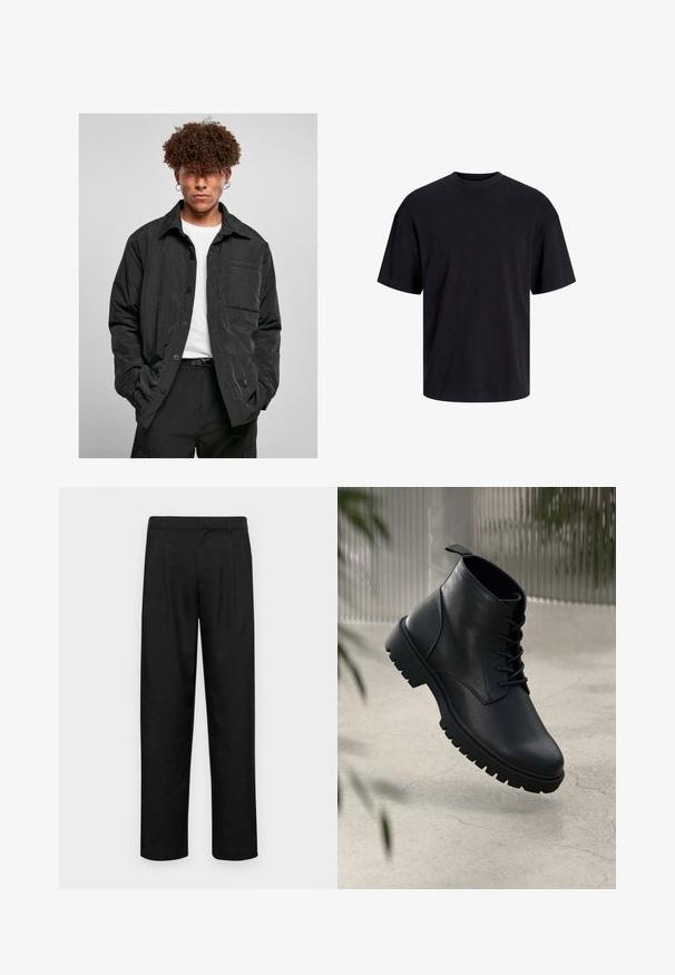 Schwarze Knopfjacke aus leichtem Stoff, mit einer Brusttasche, spitzem Kragen und einem lockeren Schnitt. Getragen über einem weißen T-Shirt.; Schwarzes Baumwoll-T-Shirt mit Rundhalsausschnitt, kurzen Ärmeln und lässiger Passform. Glatte Oberflächenstruktur und keine sichtbaren Muster oder Akzente.; Schwarze Hose aus glattem Stoff, mit geradem Bein Design, zwei vorderen Falten und einem Standardbund mit Gürtelschlaufen.; Schwarze Lederstiefeletten mit runder Zehenform, Schnürdesign und robustem Gummisohle. Glatte Textur mit einer Zuglasche an der Rückseite.