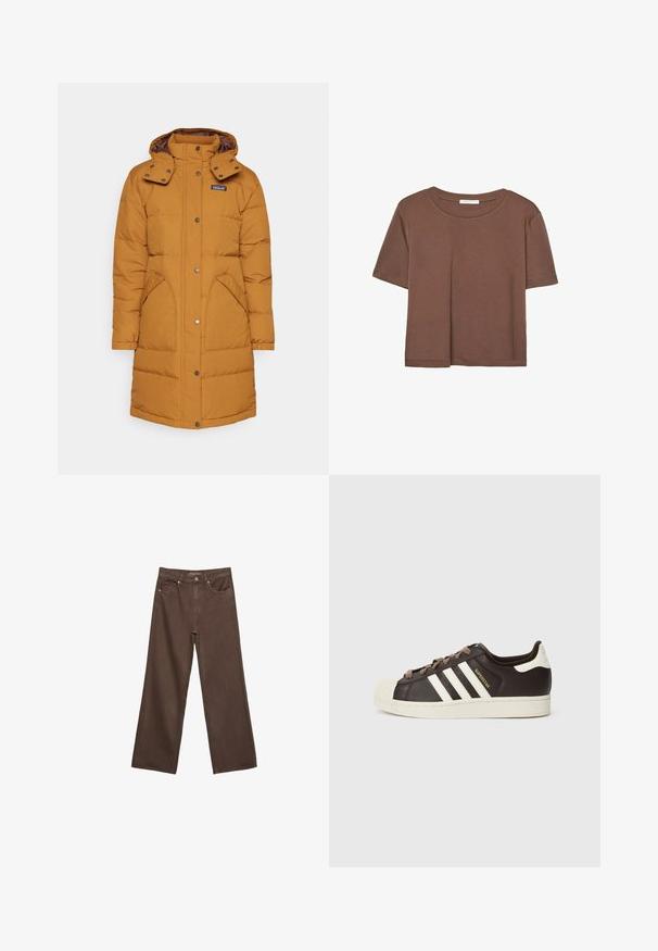 Patagonia DOWNDRIFT PARKA - Dunkappa / -rock - shelter brown; Brun kortärmad t-shirt i mjukt tyg, med rund halsringning och avslappnad passform. Inga synliga mönster eller detaljer.; Breda bruna jeans i denim med hög midja, framfickor och klassisk knäppning. Slät textur med subtil sömnad.; Low-top Adidas Superstar-sneaker i mörkbrunt läder med krämfärgad tåhätta, vita ränder och texten "Superstar" på sidan.