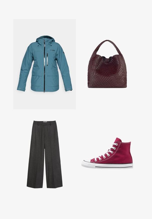 Tyrkysová nepromokavá bunda s kapucí, předním zipem, dvěma velkými kapsami a kontrastními zipy. Má čistý, minimalistický design.; Šedé tričko s krátkým rukávem vyrobené z jemné texturované tkaniny; má klasický kulatý výstřih a uvolněný střih bez jakýchkoliv vzorů nebo log. ; Široké kalhoty v tmavě šedé tkanině. Mají upravený pas s poutky na pásek, hladkou strukturu a minimalistické švy.; Vysoké tenisky vyrobené z burgundské plátna s bílými tkaničkami, gumovou špičkou a černým pruhem podél podrážky. Texturované prošívání zvýrazňuje design.; Tkaná bordó kabelka s kulatým tvarem a jedním uchopem, která má texturovaný povrch a elastické stahovací šňůrky.
