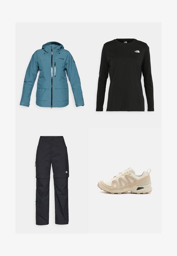 Giacca impermeabile teal con cappuccio, zip frontale, due tasche grandi e zip a contrasto. Presenta un design pulito e minimalista.; T-shirt nera a maniche lunghe in cotone con colletto rotondo. Presenta un piccolo logo bianco sul lato sinistro del petto. Design semplice e vestibilità comoda.; Pantaloni cargo in nylon nero con zip rimovibile, polsini regolabili, molteplici tasche e un logo sulla gamba destra. Tessuto liscio e leggero.; Scarpa atletica beige e crema con tomaia in mesh testurizzato, sovrapposizioni supportive e suola in gomma con un motivo a tasselli per la trazione.