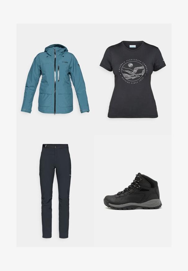 Tyrkysová nepremokavá bunda s kapucňou, predným zipsom, dvomi veľkými vreckami a kontrastnými zipsami. Má čistý, minimalistický dizajn.; Čierne tričko Columbia s bielou kruhovou grafikou hory a rieky a textom "Columbia Sportswear Company vonku od roku 1938."; Pánske outdoorové nohavice, tmavo šedé, vyrobené z flexibilného materiálu, s opaskom, so zipsovými vreckami a vystuženým šitím.; Čierna turistická obuv s polovičným strihom, s textúrovaným zvrškom, šedými akcentmi a odolnou gumovou podrážkou s protišmykovými hrebienkami.
