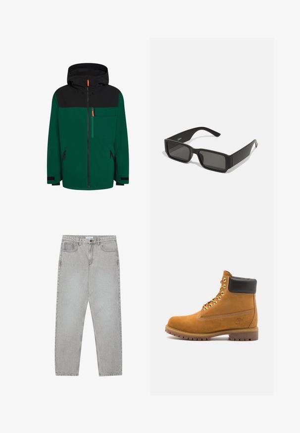 Zielono-czarna kurtka z kapturem, z przodu na zamek, kieszenią na klatce piersiowej i bocznymi kieszeniami na zamek; wykonana z gładkiego, materiału przystosowanego do użytku na zewnątrz.; Czarny sweter z golfem, wykonany z miękkiego, dzianinowego materiału. Posiada długie rękawy, prążkowany kołnierz i dół. Prosty, elegancki design bez wzorów.; Jasnoszare dżinsy o prostym kroju nogawki, z pięcioma kieszeniami i zapięciem na guzik. Widoczne szwy wzdłuż szwów.; Beżowe zamszowe botki sięgające kostki z czarną wyściełaną krawędzią, złotymi oczkami, białymi detalami szycia oraz wytrzymałą gumową podeszwą z wyraźnym bieżnikiem.; Czarne okulary przeciwsłoneczne z prostokątnymi soczewkami, matowa plastikowa oprawka i proste krawędzie. Posiadają logo marki na wewnętrznej stronie ramienia.