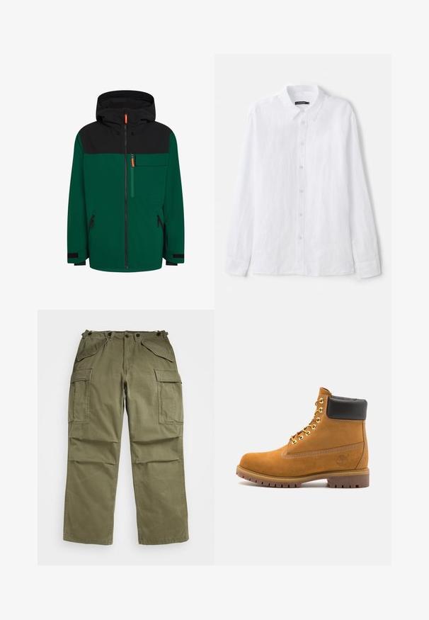 Green and black jacket with a hood, featuring a front zip, chest pocket, and side zip pockets; made of a smooth, outdoor fabric.; White long-sleeve button-up shirt made of textured fabric. Features a classic collar and button-down front with small, round buttons.; Olive green cargo pants made of textured fabric, featuring multiple front and side pockets and reinforced stitching on seams.; Tan suede ankle boot with black padded collar, gold metal eyelets, white stitching detailing, and rugged rubber sole with pronounced treads.