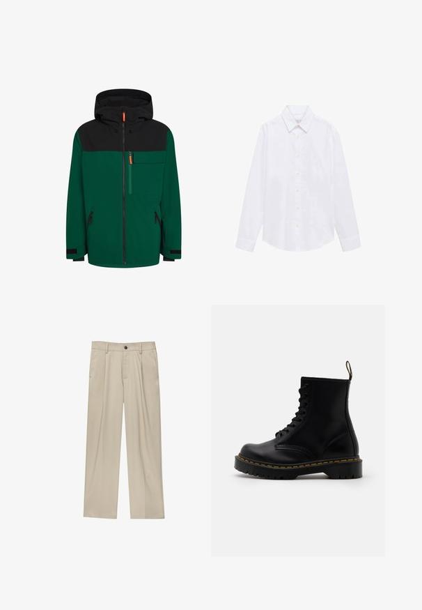 Groene en zwarte jas met capuchon, voorzien van een ritssluiting aan de voorkant, een borstzak en zijzakken met rits; gemaakt van een gladde, outdoor stof.; Wit langemouw shirt van katoenmateriaal. Bevat een puntkraag, knoopsluiting en enkele manchet. Minimalistisch ontwerp zonder patronen.; Beige broek met een rechte snit, voorzien van een enkele zwarte knoop, riemlussen en zijzakken. Glad stoffen textuur en een minimalistisch ontwerp.; Zwarte leren enkelboots met een vetersluiting aan de voorkant, gele stiksels, een ronde neus en een dikke, gestructureerde rubberen zool.