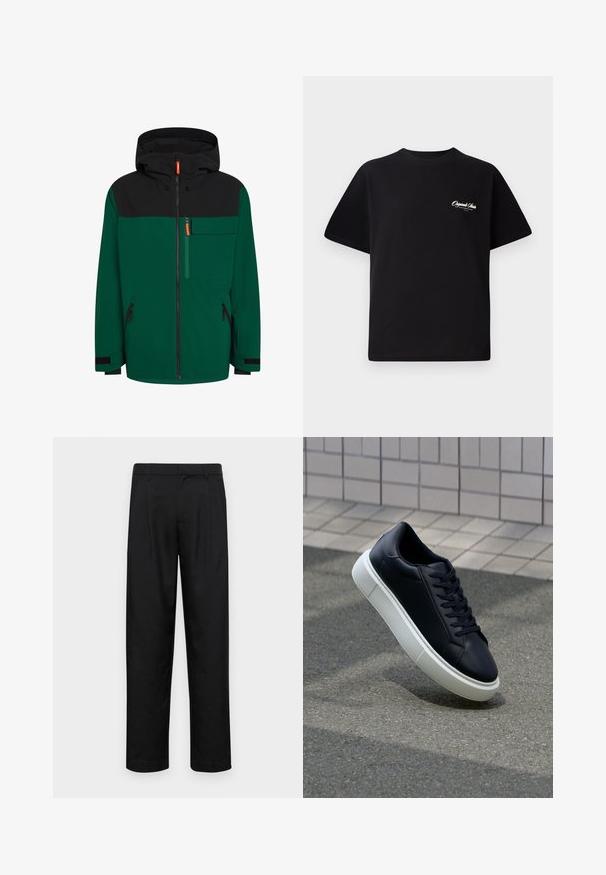 Chaqueta verde y negra con capucha, que cuenta con un cierre frontal, bolsillo en el pecho y bolsillos laterales con cremallera; fabricada con un tejido exterior suave.; Camiseta de algodón negra con cuello redondo, mangas cortas y pequeño texto en blanco del logo en el lado izquierdo del pecho. Diseño simple, corte clásico.; Pantalones negros de tela suave, con un diseño de pierna recta, dos pliegues frontales y una cintura estándar con trabillas para el cinturón.; Zapatilla de cuero negro con punta redonda y suela de goma blanca. Presenta cordones planos y un mínimo de costuras en la parte superior. Suela texturizada para proporcionar agarre.