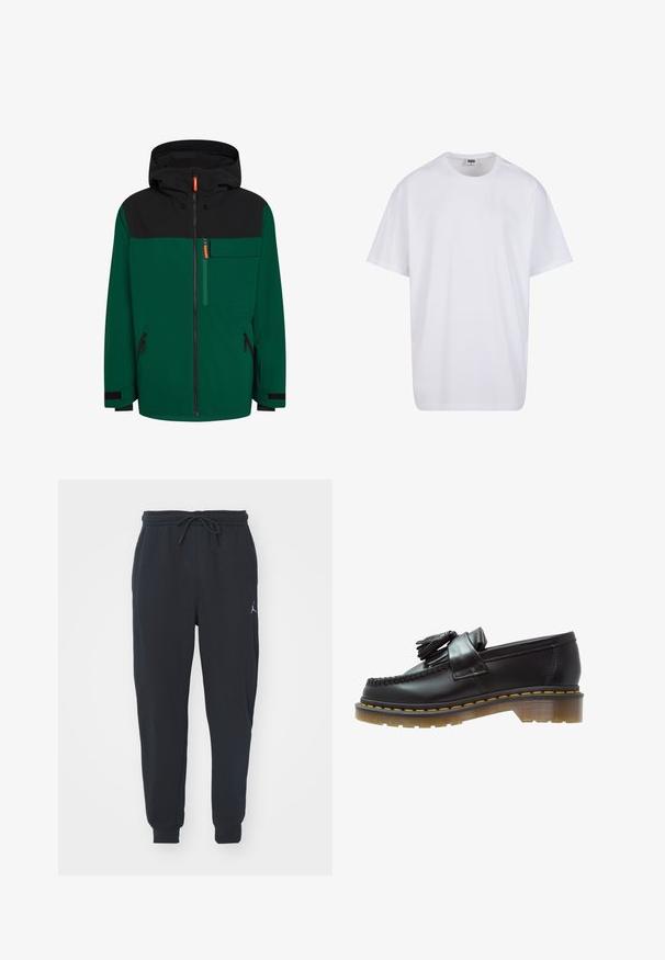 Grønn og svart jakke med hette, med frontglidelås, brystlomme og sidelommer med glidelås; laget av et glatt utendørsstoff.; Hvit bomull t-skjorte med korte ermer, rund utringning, avslappet passform, og ingen synlige logoer eller mønstre. Glatt tekstur og minimalistisk design.; Svart joggebukse laget av myk stoff, med elastisk midje med snøring, ribbede mansjetter og en liten logo på venstre lår.; Sorte lærloafers med en teksturert finish, med en dekorativ dusk og kontrasterende gul søm, på en chunky, transparent såle.