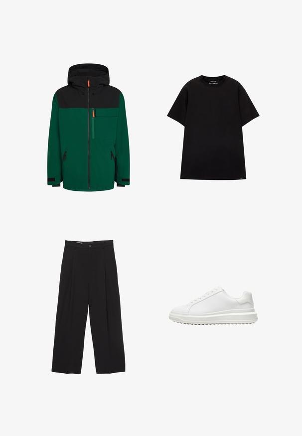 Veste verte et noire avec capuche, dotée d'une fermeture éclair à l'avant, d'une poche sur la poitrine et de poches latérales à fermeture éclair ; fabriquée en un tissu extérieur lisse.; PULL&BEAR JOIN LIFE - T-shirt basique - black; Pantalons larges noirs en tissu lisse, avec une taille plate, des plis avant et un bouton unique.; Baskets blanches avec une tige synthétique lisse, bout rond, lacets plats, semelle texturée et un design à plateforme superposée pour plus de hauteur.