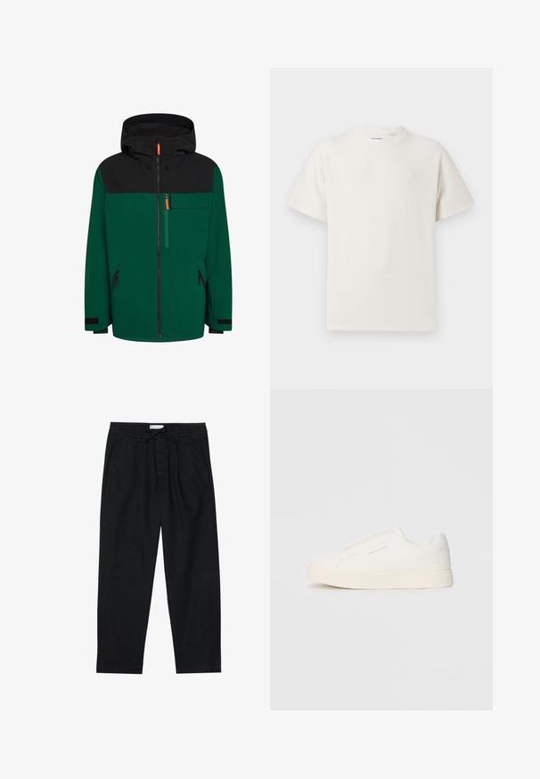 Πράσινη και μαύρη ζακέτα με κουκούλα, διαθέτει φερμουάρ μπροστά, τσέπη στο στήθος και τσέπες με φερμουάρ στο πλάι; κατασκευασμένη από ένα λείο, εξωτερικό ύφασμα.; Λευκή κοντομάνικη μπλούζα με ριγωτή υφή. Στρογγυλή λαιμόκοψη, χαλαρή εφαρμογή, χωρίς ορατά σχέδια ή λεπτομέρειες. Απλός και ευέλικτος σχεδιασμός.; Pier One Chinos - black; Λευκά slip-on παπούτσια με υφή, παχύ πάτο και μινιμαλιστικό σχέδιο. Φέρει το λογότυπο της μάρκας στο πλάι.