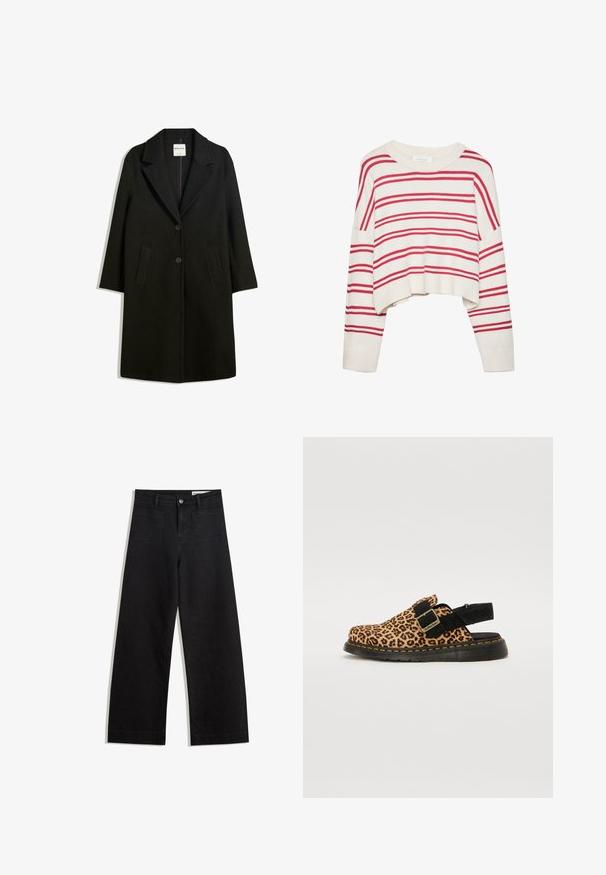 Crni kaput s otvorenim ovratnikom, dva prednja džepa i kopčanje na dugme. Napravljen od mekog materijala, s ravnim krojem i dizajnom do koljena.; Džemper od kukičane pređe u krem boji s crvenim vodoravnim prugama; ima opušteni kroj, široki okrugli izrez i rebraste manžete i rub.; Crne široke traperice s visokim strukom, s prednjim i stražnjim džepovima, šivenim šavovima i kopčanjem na gumb. Glatka tekstura.; Cipele na petu s leopardskim uzorkom, crnim nubuk trakama i kopčom. Imaju crnu gumenu stanicu s žutim šavovima za dodatne detalje.