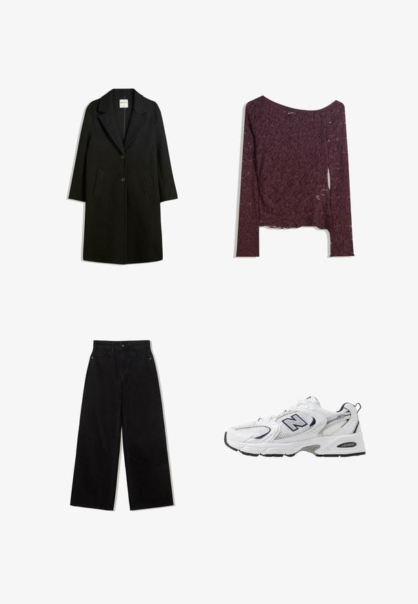 Czarny płaszcz z klapami, dwoma przednimi kieszeniami i zapięciem na guziki. Wykonany z miękkiego materiału, o prostym kroju i długości do kolan.; Koronkowa bluzka z długim rękawem w głębokim burgundzie, z odkrytymi ramionami, kwiatowymi wzorami i lekko przezroczystą strukturą oraz prostym dołem.; Czarne, szerokie dżinsy z denimu z wysokim stanem, z pięcioma kieszeniami i pojedynczym zapięciem na guzik z przodu.; Białe sportowe buty z siateczkową cholewką, granatowymi akcentami i wyściełaną podeszwą. Posiadają logo "N", sznurówki oraz teksturowany detal po boku.
