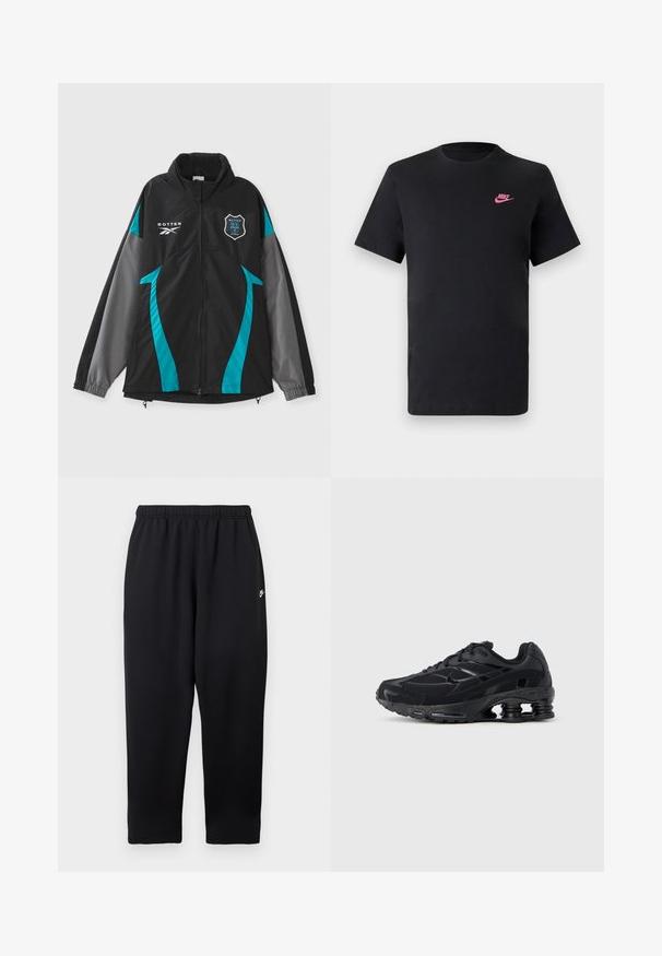Black jacket with teal and gray accents, featuring a high collar, zip front, and logo patch on the chest. Smooth texture, sporty design.; Black cotton t-shirt with a round neckline and short sleeves. Features a pink Nike logo on the upper left side. Smooth texture.; Black sweatpants with an elastic waistband, featuring a small white logo on the left side. Made of soft, lightweight fabric. Straight-leg design.; Black athletic shoe with a mesh upper, padded collar, and prominent cushioning technology at the heel. Features textured accents and laces.