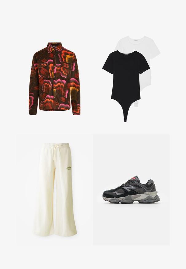 Brun fleeceskjorte med livlig blomstermønster i rosa, oransje og gult. Har krage, to brystlommer og knappeåpning.; Svarte og hvite kortermede bodysuits med runde krager og thong-bunner, laget av glatt, elastisk stoff.; Kremfargede, vide joggebukser med elastisk midje og justerbar snøring. Brodert grønn "Athletic"-tekst på forsiden. Mykt stoff.; Svarte og grå joggesko med en blanding av semsket skinn og mesh-materialer, tykk såle, fremtredende logo, og rød detalj på tungen.