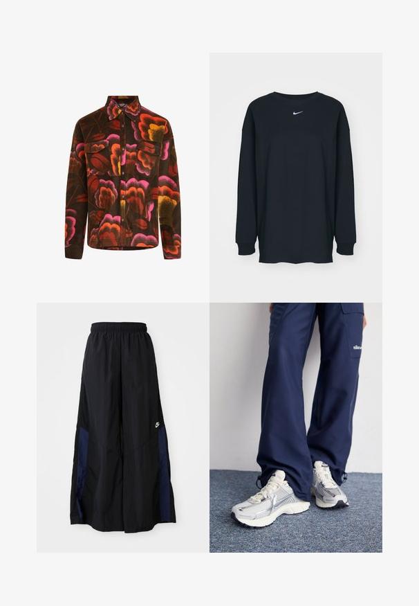 Rudas fliso marškinys su ryškiu gėlių raštu, kuriame yra rožinės, oranžinės ir geltonos spalvos. Turi apykaklę, dvi krūtinės kišenes ir mygtukų užsegimą.; Juodas ilgam rankovėms marškinėlis, pagamintas iš medvilnės, su apvalia iškirpte. Krūtinėje yra baltas Nike logotipas. Minkšta tekstūra, paprastas dizainas.; Juodos plačios kojų kelnės, pagamintos iš lengvos medžiagos, su tamsiai mėlyna šonine juostele ir elastinga juosmens juosta. Maža balta logotipo etikete apačioje.; Nike sportiniai batai su sidabro spalvos tinklu, baltais akcentais ir tekstūruotais pado, derinami su laisvais tamsiai mėlynais kelnais.