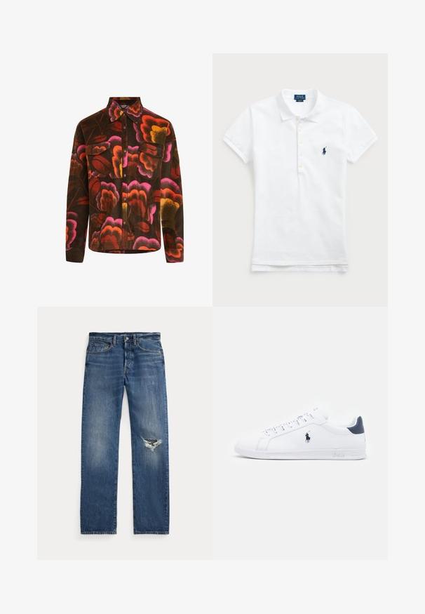 Rudas fliso marškinys su ryškiu gėlių raštu, kuriame yra rožinės, oranžinės ir geltonos spalvos. Turi apykaklę, dvi krūtinės kišenes ir mygtukų užsegimą.; Balta medvilninė polo marškinėliai su klasikiniu apykaklės dizainu, trumpomis rankovėmis ir tamsiai mėlynu siuvinėtu logotipu kairėje krūtinės pusėje. Penkių mygtukų užtrauktukas.; Mėlyni džinsai su vidutiniais liemeniu, penkiomis kišenėmis ir suplėšymu dešiniajame kelyje.; Baltos odinės sportbačiai su lygiu paviršiumi, tamsiai mėlyni akcentai ir mažas logotipas šone. Yra plokščios raišteliai ir tekstūruotas gumos padas.