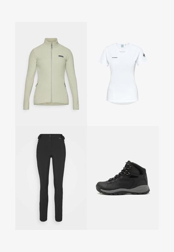 Giacca in pile verde chiaro con colletto alto, zip frontale completa e tasche laterali con zip. Presenta un patch con logo sul petto e una texture liscia.; Maglietta atletica bianca a maniche corte con colletto rotondo, dotata di un logo sul petto e una texture di tessuto liscia e leggera.; Pantaloni neri aderenti realizzati in materiale flessibile. Presentano una tasca laterale con zip, ginocchia articolate e una texture liscia.; Stivale da trekking nero con design a metà altezza, dotato di una tomaia texturizzata, accenti grigi e suola in gomma resistente con tasselli per la trazione.
