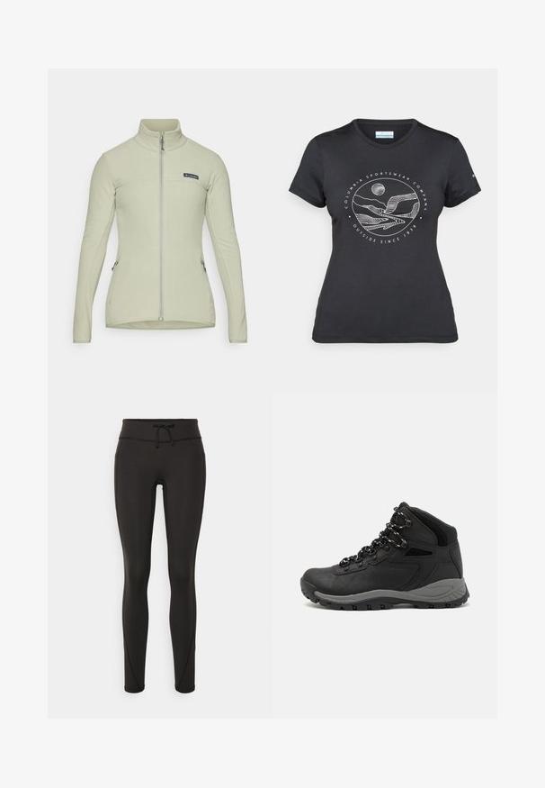 Light green fleece jacket with a high collar, full front zipper, and side zip pockets. Features a logo patch on the chest and smooth texture.; Black Columbia t-shirt with white circular mountain and river line art and text "Columbia Sportswear Company Outside Since 1938."; Black leggings with a high waistband, drawstring, smooth texture, and fitted design. Features stitching details along the sides.; Black hiking boot with a mid-top design, featuring a textured upper, gray accents, and durable rubber sole with traction lugs.