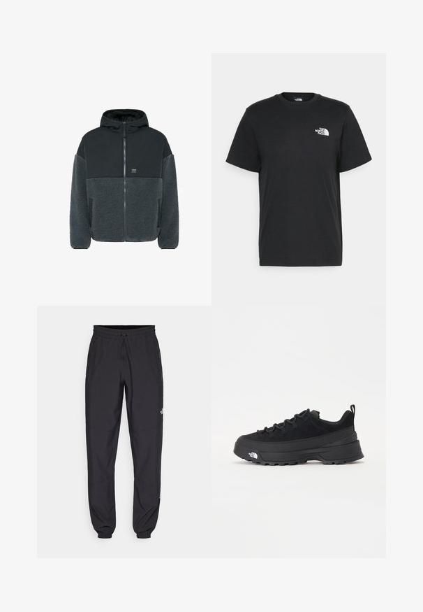 Bunda s fleecovým podšívkou, s čiernou hladkou hornou časťou a šedou textúrovanou spodnou časťou. Obsahuje kapucňu, zips a bočné vrecká.; Čierne bavlnené tričko s krátkymi rukávmi, klasickým výstrihom a malým bielym logom na ľavej hrudi. Jednoduchý dizajn, hladká textúra a voľný strih.; Čierne športové nohavice vyrobené z ľahkej tkaniny, s elastickým pásom na šnurovanie, bočnými vreckami a zúženými manžetami na členkoch.; Čierne vonkajšie tenisky so zvrškom z semišu, štruktúrovanou gumovou podrážkou a pevným šnurovaním. Obsahujú vystužený opätok a logo značky na boku.